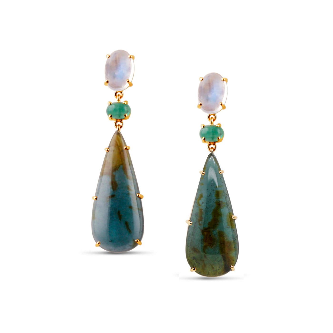 Rainbow Moonstone, Emerald And Green Tourmaline Earring In 18K Yellow Gold