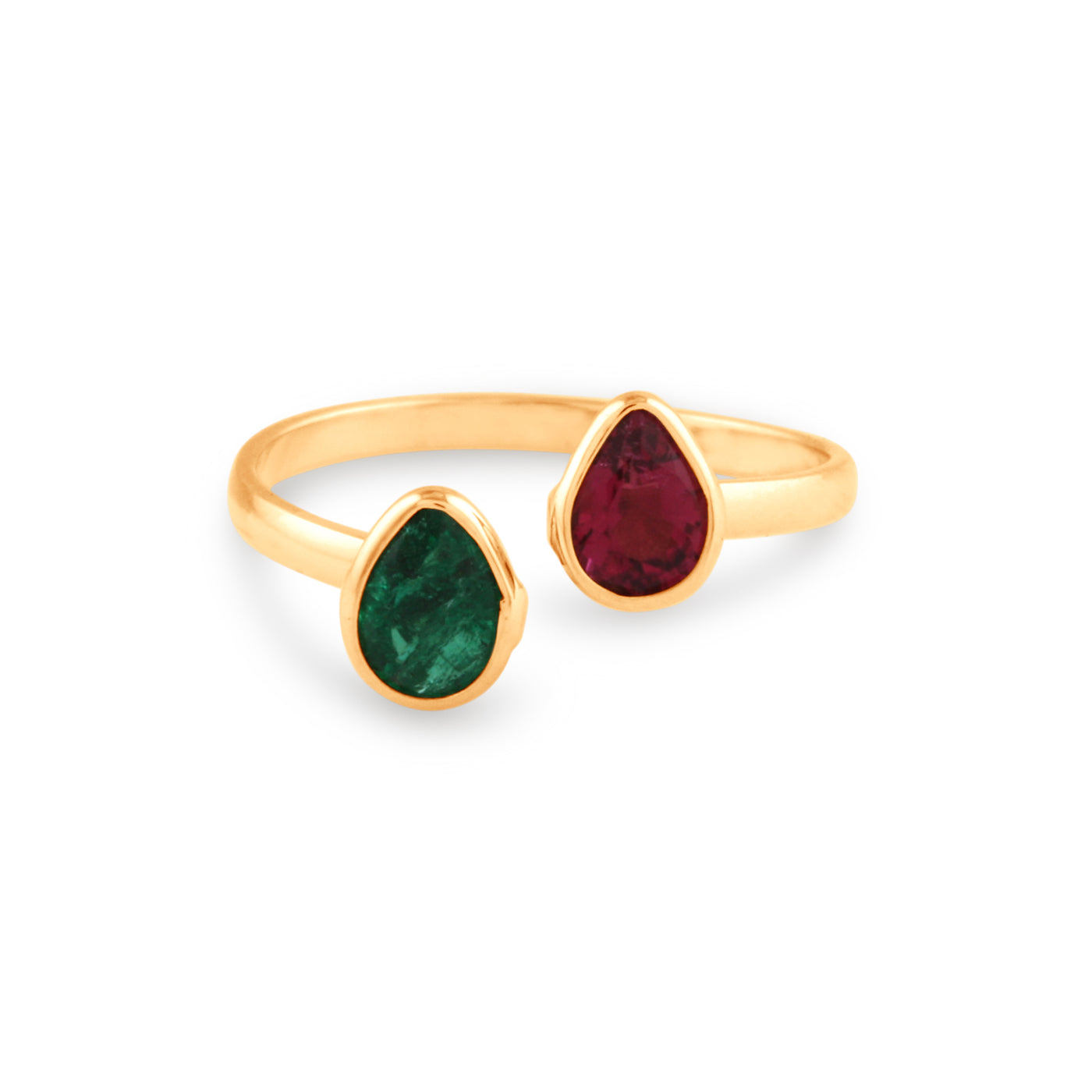 Ruby And Emerald Pear Shape Ring In 18K Yellow Gold