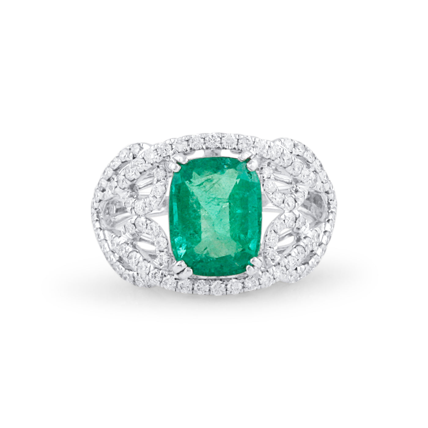 Emerald Rectangle & Diamond Ring In 18K White Gold