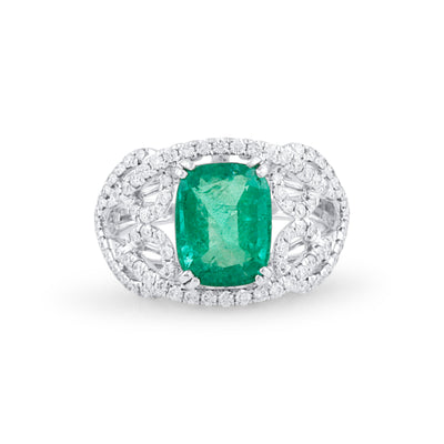 Emerald Rectangle & Diamond Ring In 18K White Gold