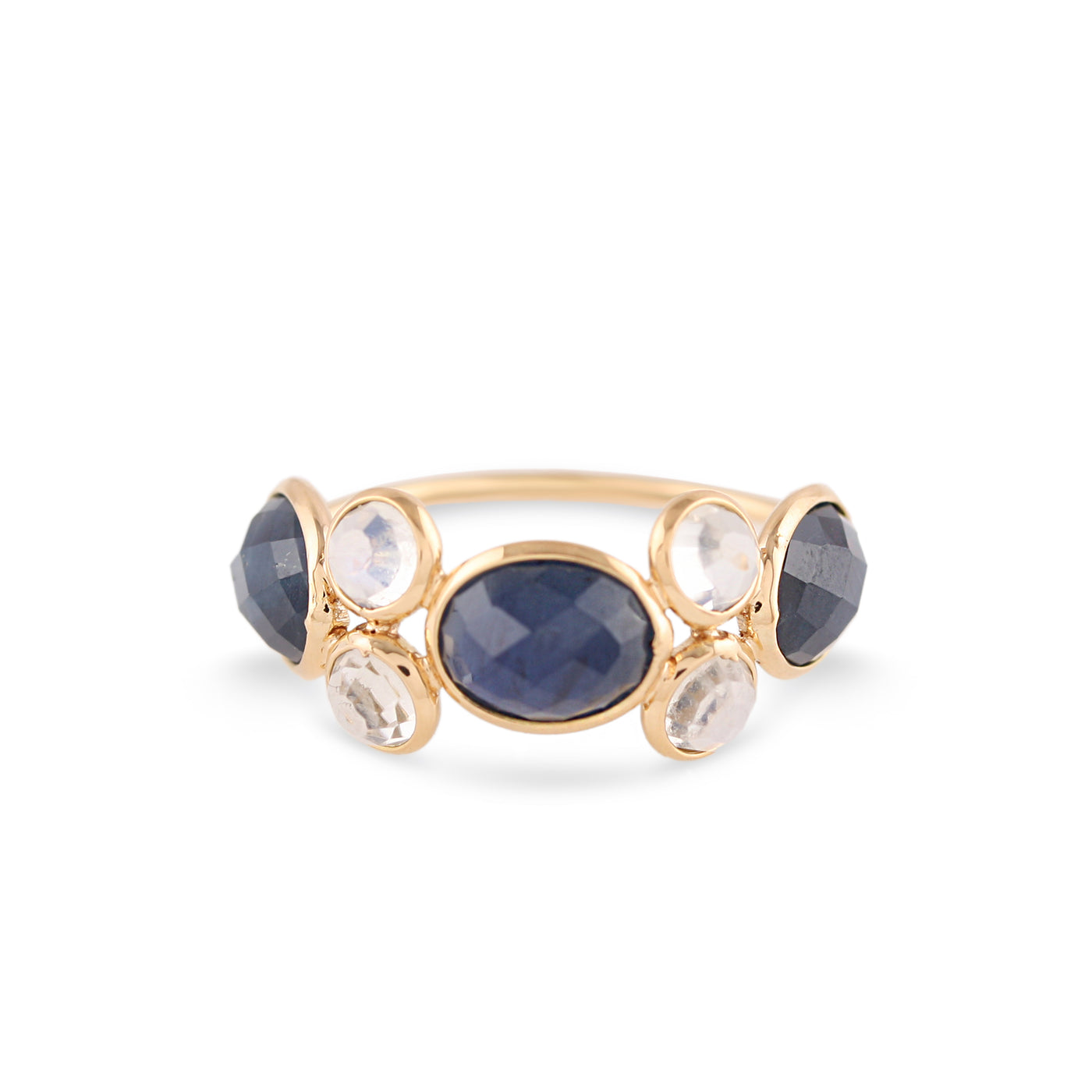 Blue Sapphire Oval & Rainbow Moonstone Rd. Ring In 18K Yellow Gold