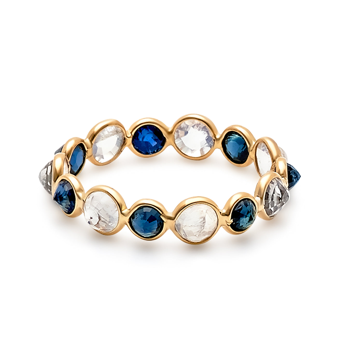 Blue Sapphire and Rainbow Moonstone Round Ring In 18K Yellow Gold