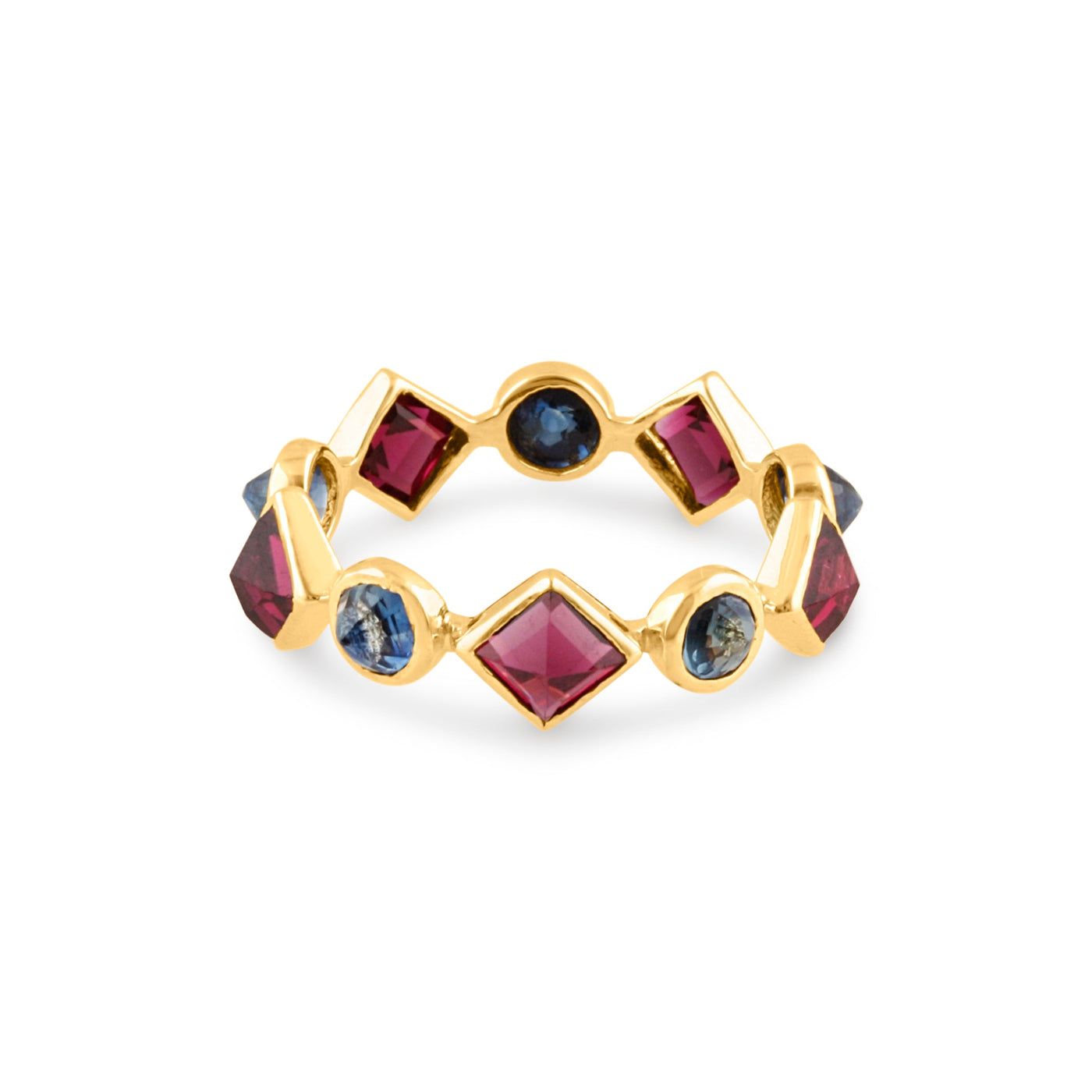 Rhodolite Rd. & Blue Sapphire  Sq. Ring In 18K Yellow Gold