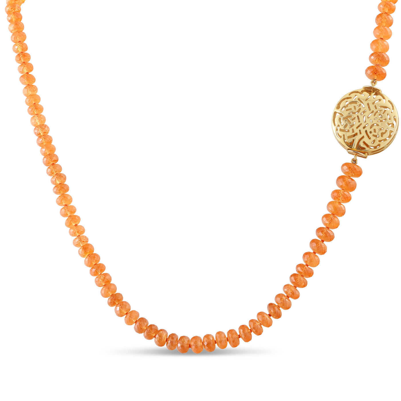 18K Gold Mandarin Garnet Necklace Orange moonstone beaded necklace with 18K gold medallion clasp flatlay – handcrafted gemstone jewelry by Tresor Collection