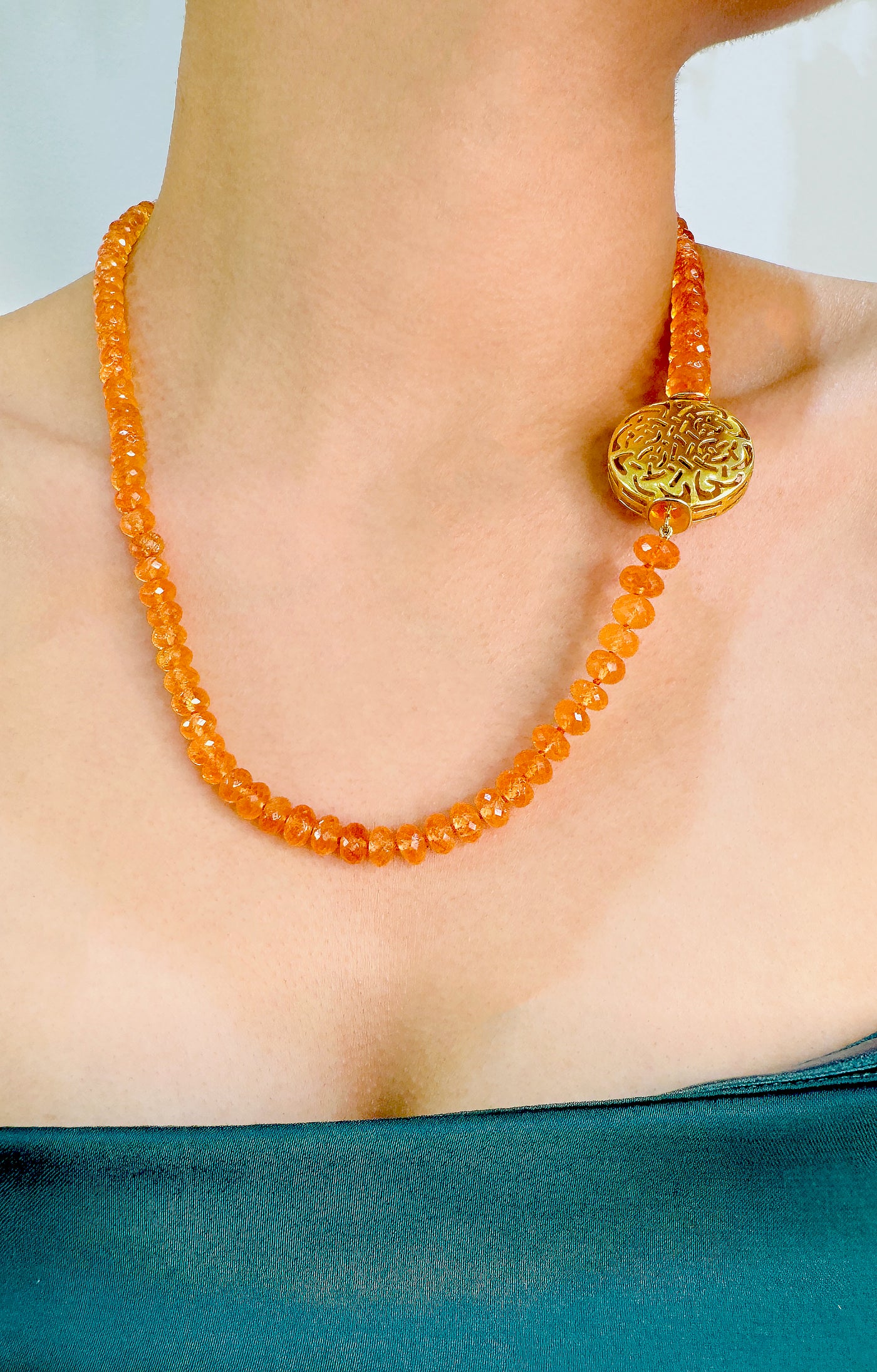 Mendarine Garnet Necklace In 18K Yellow Gold - Tresor Collection Lifestyle view of orange moonstone and 18K gold necklace – fine artisan jewelry by Tresor Collection