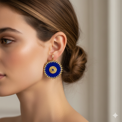 Close-up of a woman wearing a blue and gold earring with a blurred background