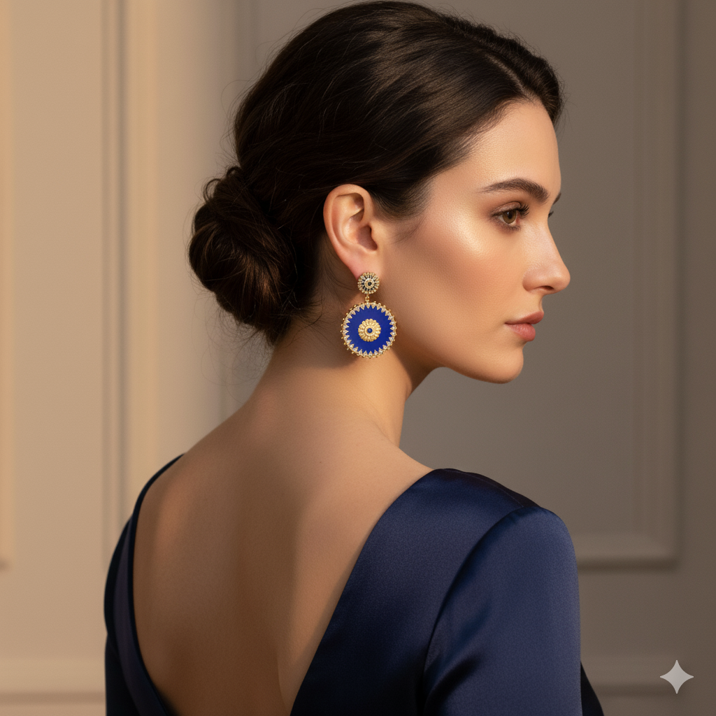 Woman wearing a blue and gold earring against a neutral background
