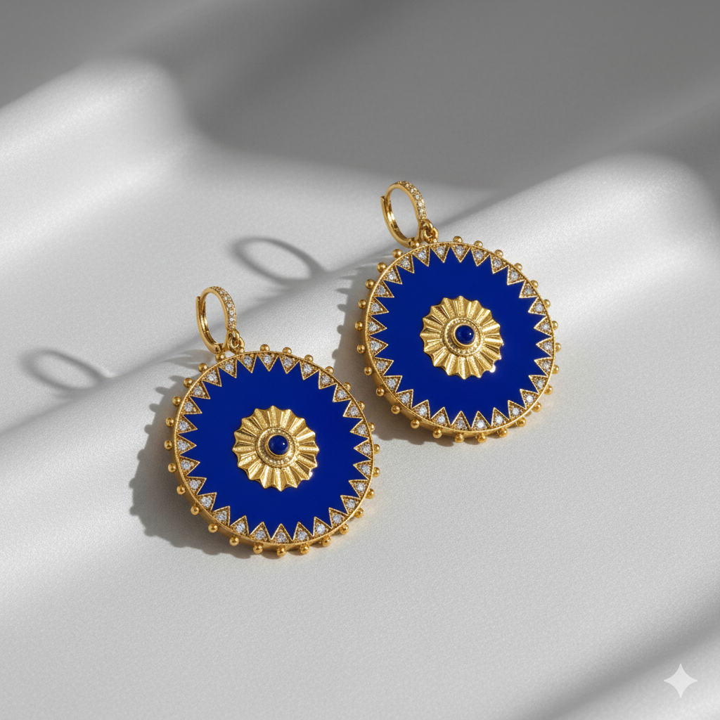 Gold and blue earrings on a light gray background