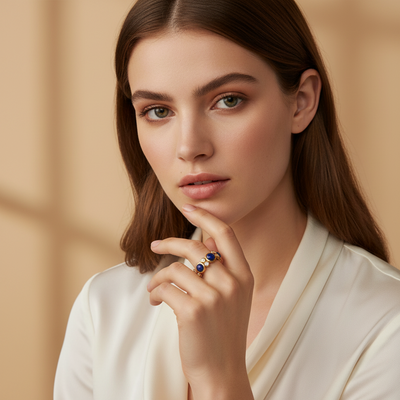 Woman wearing a ring with blue stones against a beige background