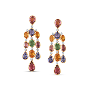 18K Yellow Gold Tourmaline, Tanzanite, Mandarin Garnet & Diamond Earrings by Tresor Collection Luxury multicolor gemstone chandelier earrings in 18K gold – handcrafted fine jewelry by Tresor Collection
