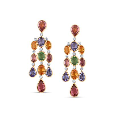 18K Yellow Gold Tourmaline, Tanzanite, Mandarin Garnet & Diamond Earrings by Tresor Collection Luxury multicolor gemstone chandelier earrings in 18K gold – handcrafted fine jewelry by Tresor Collection