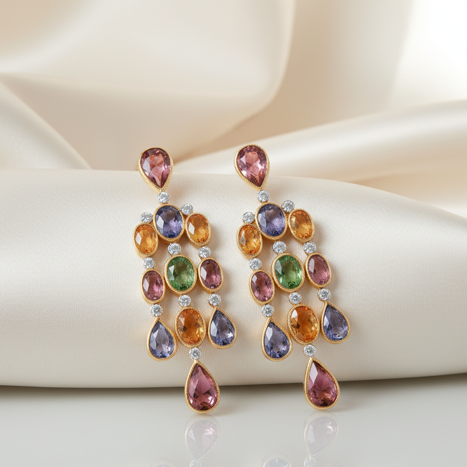 Multicolored gemstone earrings on a beige fabric background Colorful gemstone chandelier earrings flatlay with warm tones – handcrafted 18K gold jewelry