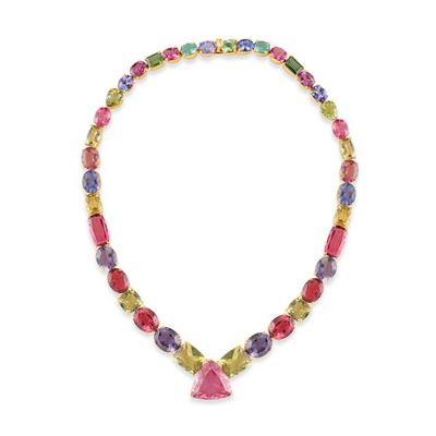 Multicolor Tourmaline Cut Stone Necklace In 18K Yellow Gold