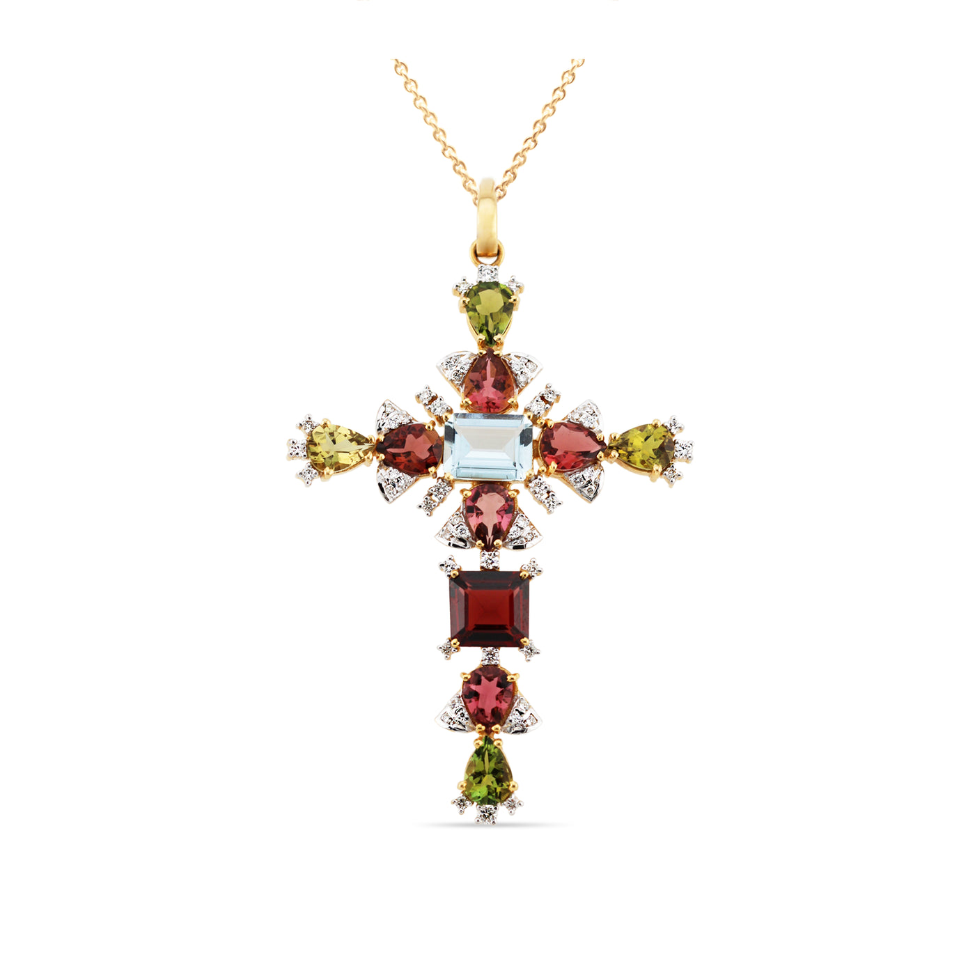 Multicolor Stones & Diamond Pendant In 18K Yellow Gold