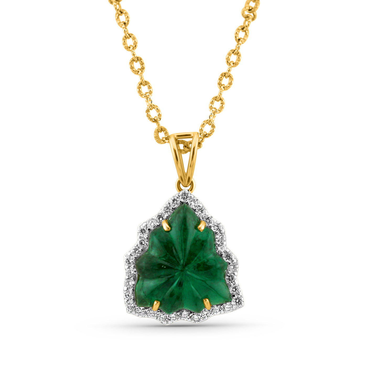 emerald-diamond pendant, carved in leaf shape with 4 prones only in 18kt yellow gold with v shape loop by tresor collection the best designer jewelry store in miami.