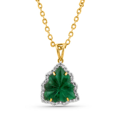 emerald-diamond pendant, carved in leaf shape with 4 prones only in 18kt yellow gold with v shape loop by tresor collection the best designer jewelry store in miami.