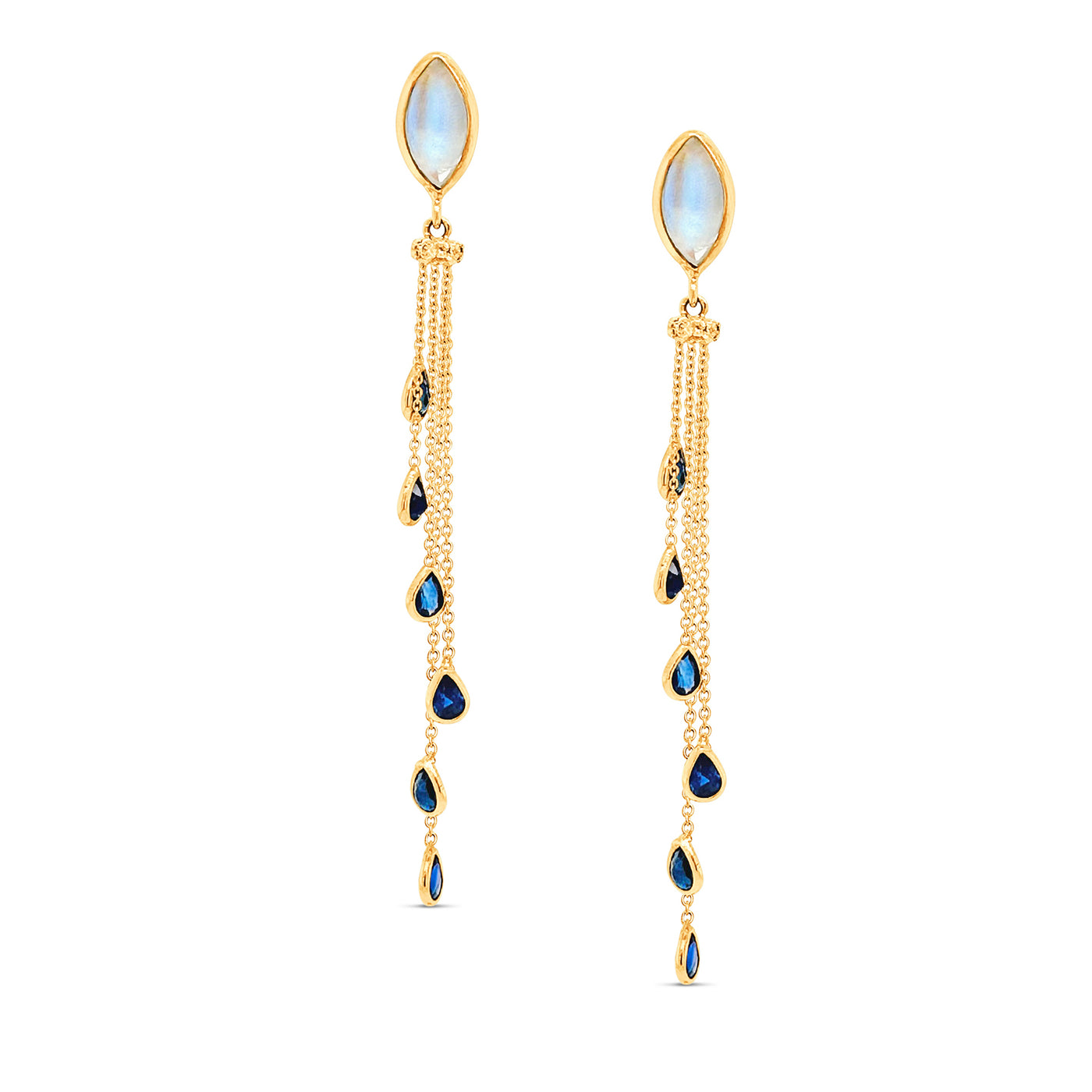 Rainbow Moonstone Marquise, Blue Sapphire Pear Shape. And Diamond Earring In 18K Yellow Gold