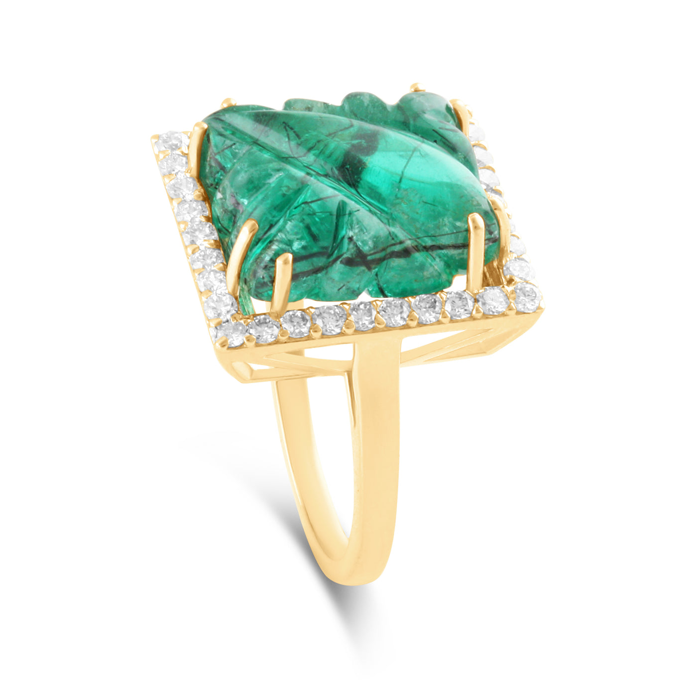 Emerald Carving And Diamond Ring In 18K Yellow Gold