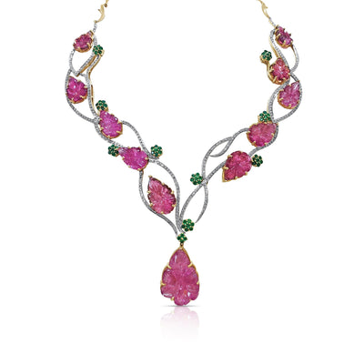 18K Yellow Gold Tourmaline, Emerald & Diamond Necklace by Tresor Collection Ruby, emerald, and diamond necklace flatlay – luxury handcrafted gemstone jewelry by Tresor Collection