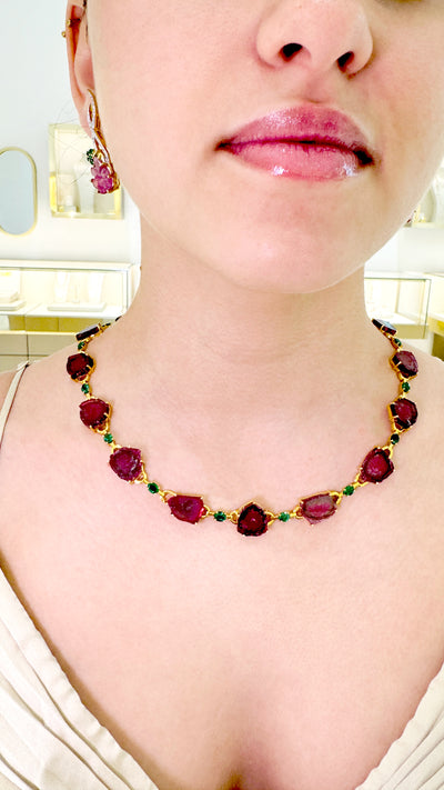 Emerald Oval & Watermelon Tourmaline U/S Necklace In 18K Yellow Gold - Tresor Collection Bi-color tourmaline gold necklace worn on model – elegant handcrafted fine-jewelry styling