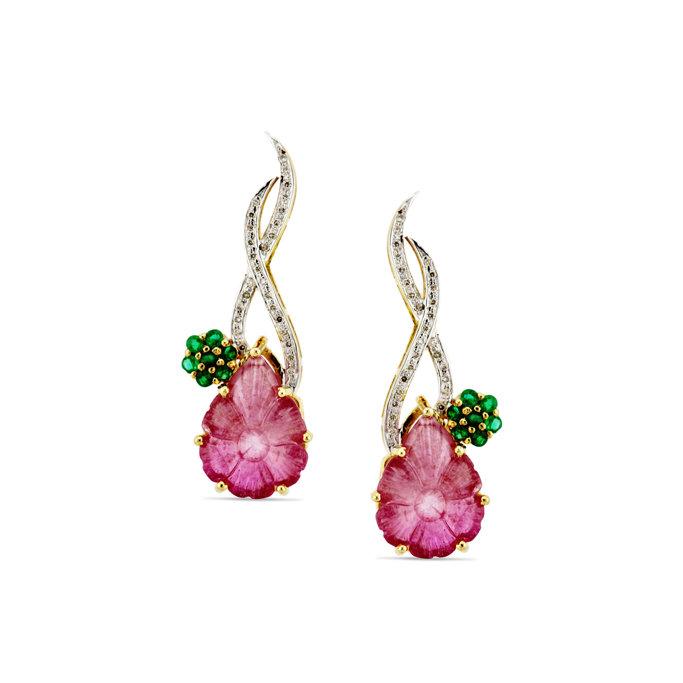 Tourmaline Carved Leaves, Emerald & Diamond Earring In 18K Yellow Gold