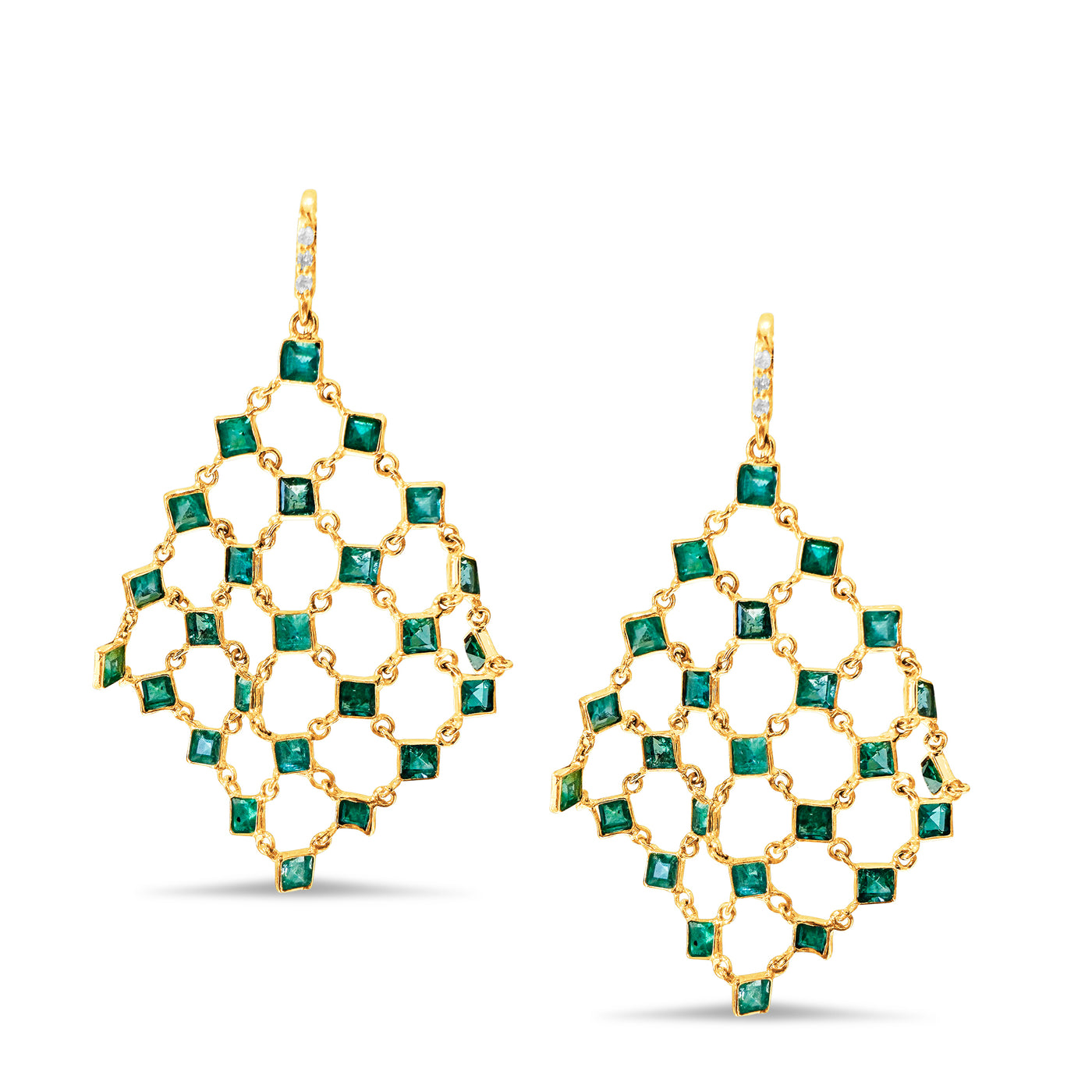 Emerald Square & Diamond Earring In 18K Yellow Gold