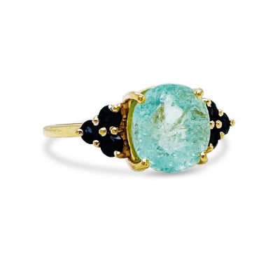 Paraiba Tourmaline Oval & Blue Sapphire Round Ring In 18K Yellow Gold