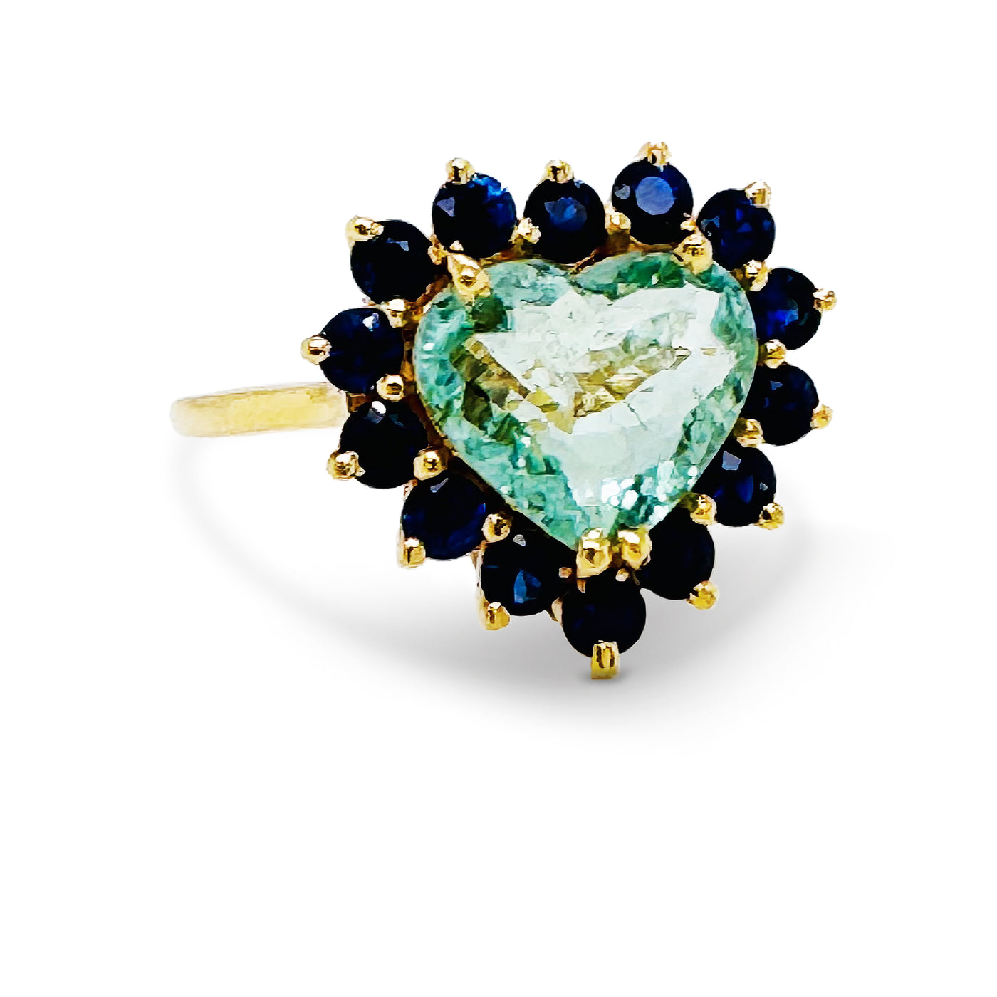 Paraiba Tourmaline Heart shape & Blue Sapphire Round Ring In 18K Yellow Gold
