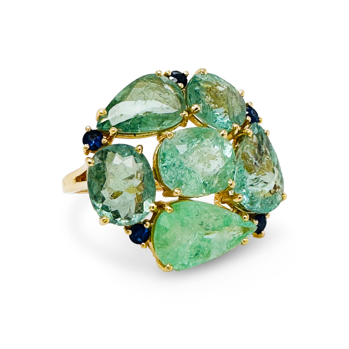 Paraiba Tourmaline Mix Shape & Blue Sapphire Rd. Ring In 18K Yellow Gold