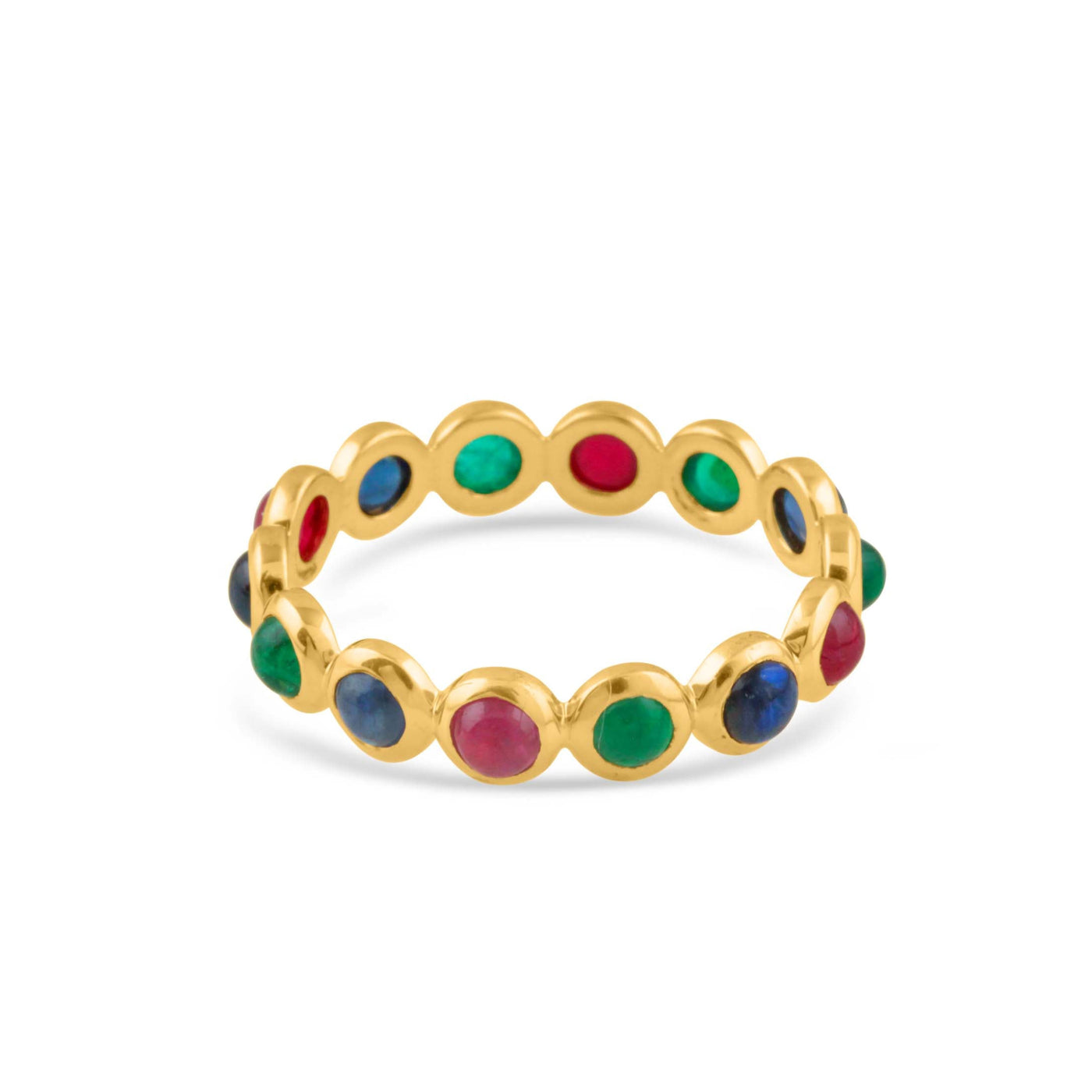 Emerald, Ruby And Blue Sapphire Round Ring With 18 Kt Gold