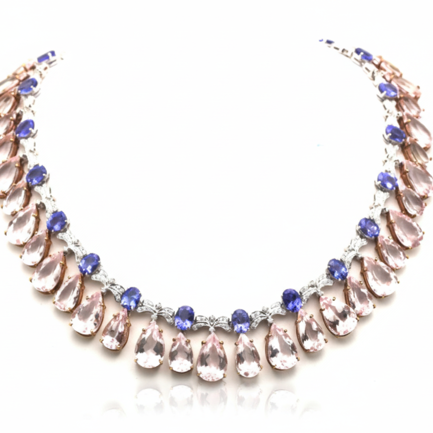 Necklace with teardrop-shaped crystals on a white background