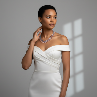 Woman wearing a white off-shoulder dress with a necklace against a gray background