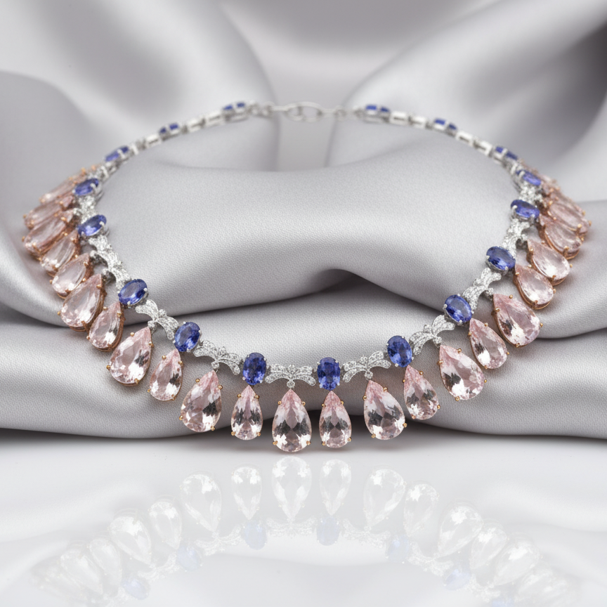 Necklace with pink teardrop-shaped stones and blue accents on a gray fabric background