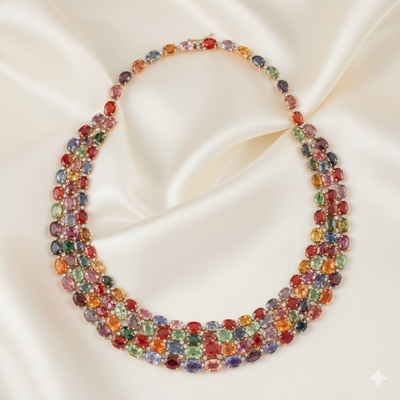 Multicolored gemstone necklace on a satin surface