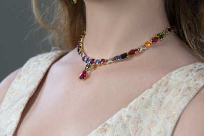 Multicolor Stone & Diamond Necklace In 18K Yellow Gold - Tresor Collection Close-up of multi-gemstone necklace with red pendant – handcrafted designer jewelry by Tresor Collection