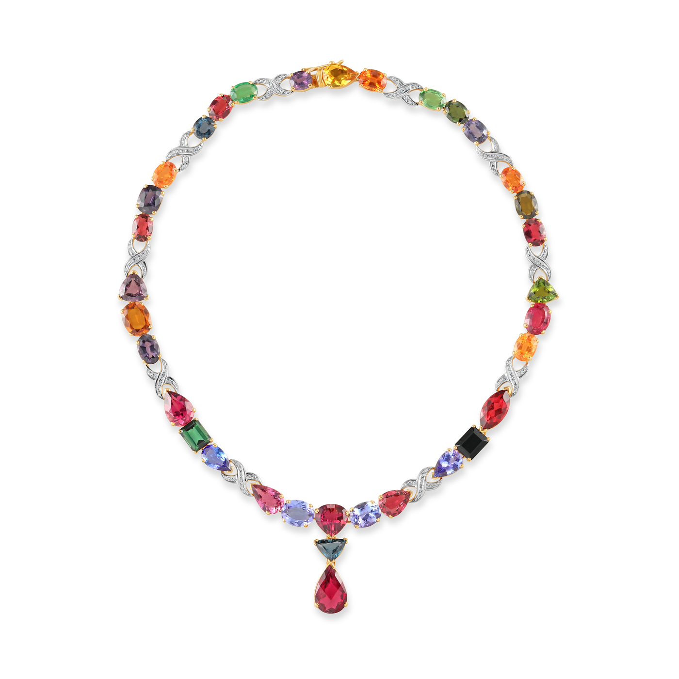 Multicolor Stone & Diamond Necklace In 18K Yellow Gold - Tresor Collection Vibrant multi-gemstone necklace with red teardrop pendant flatlay – handcrafted luxury jewelry by Tresor Collection