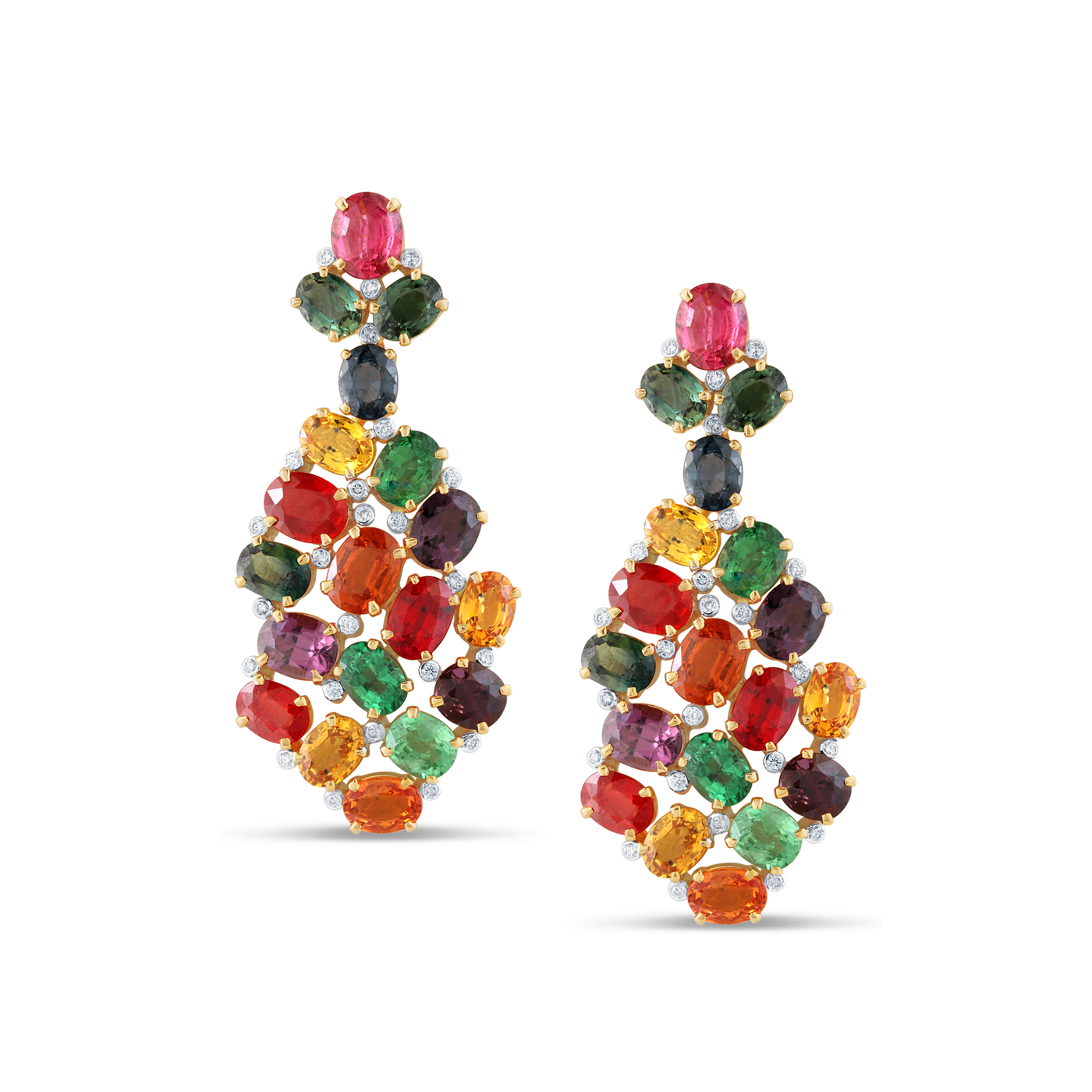 18K Yellow Gold Multicolor Spinel, Tsavorite, Tourmaline & Diamond Earrings by Tresor Collection