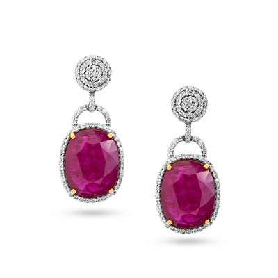 Ruby and diamond drop earrings in 18k yellow gold from Tresor Collection – luxury jewelry store in Miami and USA.