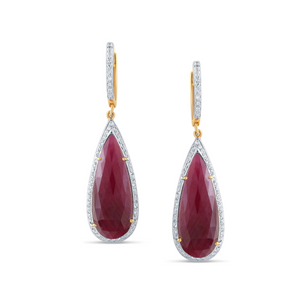 Ruby and diamond teardrop earrings in 18k yellow gold – Tresor Collection luxury jewelry Miami USA. 18K gold ruby drop earrings flatlay – luxury handcrafted fine jewelry by Tresor Collection