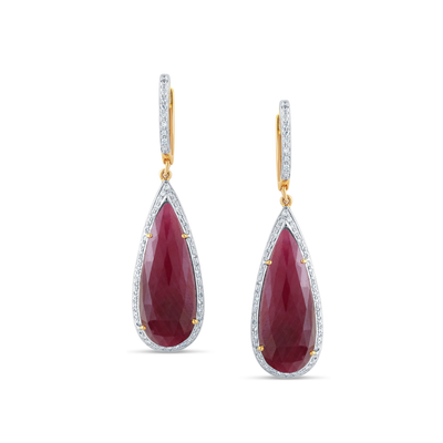 Ruby and diamond teardrop earrings in 18k yellow gold – Tresor Collection luxury jewelry Miami USA.
