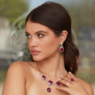 Ruby & Diamond Ring In 18K Yellow Gold - Tresor Collection Woman wearing oval ruby and diamond ring – elegant handcrafted fine jewelry by Tresor Collection