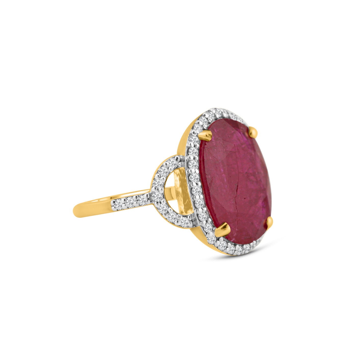 Ruby & Diamond Ring In 18K Yellow Gold - Tresor Collection Side profile of oval ruby and diamond statement ring in 18K gold – artisan gemstone jewelry by Tresor Collection