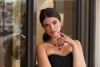 Ruby & Diamond Ring In 18K Yellow Gold - Tresor Collection Fashion portrait featuring woman wearing ruby and diamond ring – timeless fine jewelry by Tresor Collection