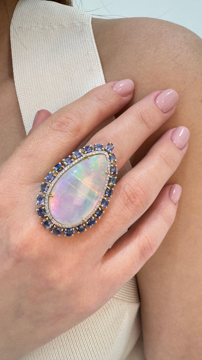 Dazzle Ethiopian Opal, Blue Sapphire And Diamond Ring In 18K Yellow Gold | Tresor Collection