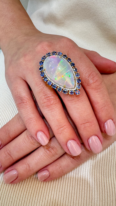 Dazzle Ethiopian Opal, Blue Sapphire And Diamond Ring In 18K Yellow Gold | Tresor Collection
