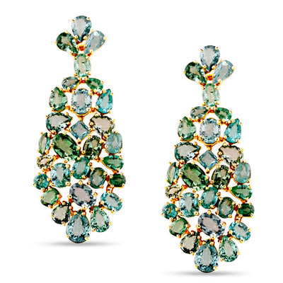 Paraiba tourmaline luxury statement earrings – 18K designer jewelry 18K gold green gemstone chandelier earrings flatlay – luxury fine jewelry by Tresor Collection