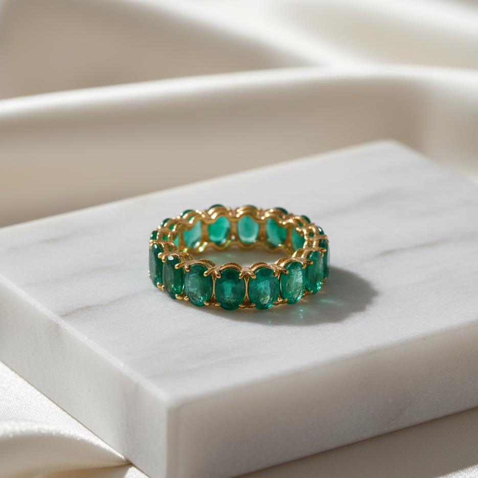 Gold ring with green gemstones on a white marble surface Emerald eternity band ring in 18K gold displayed on jewelry box – artisan craftsmanship by Tresor Collection