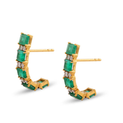 Emerald Rectangle & Diamond Earring In 18K Yellow Gold