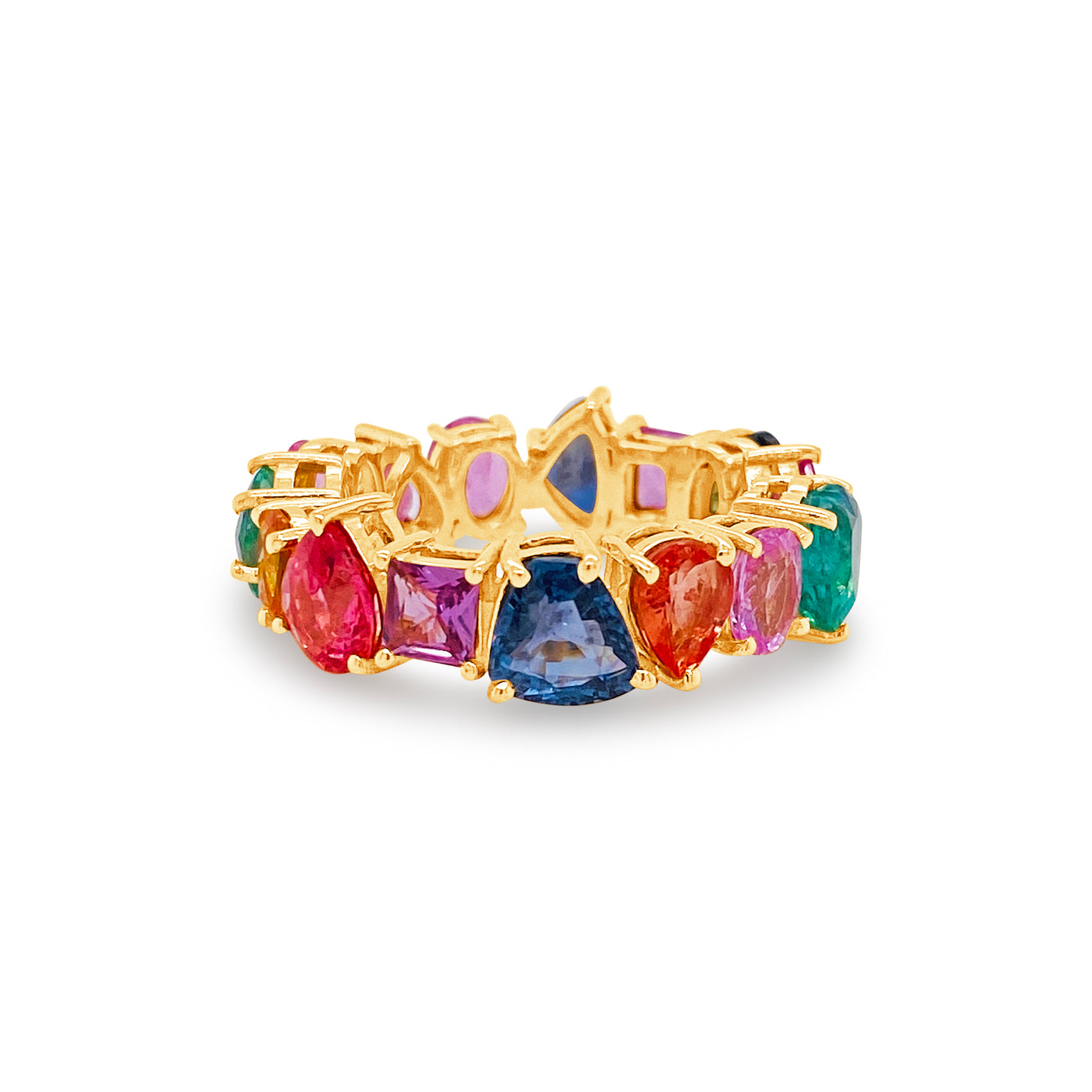 Multicolor Stone Mix Shape Ring In 18K Yellow Gold - Tresor Collection Close-up of model wearing multicolor gemstone ring – capturing the elegance and style of the ring.