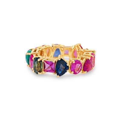 Multicolor Stone Mix Shape Ring In 18K Yellow Gold - Tresor Collection Side view of multicolor gemstone ring – showing the band design and colorful gemstones from the side.